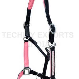 Black Leather Horse Halter: Pink Padding, Rhinestone Accents, Stainless Steel
