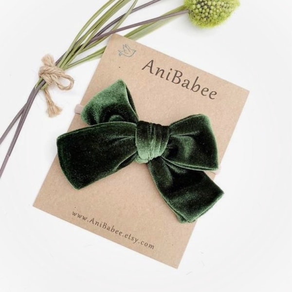 Velvet Hair Bow | Christmas Bow | Green Velvet Bow | Baby Headband | Baby Girl Bow | Hair Clips | Nylon Headband | Velvet Headband