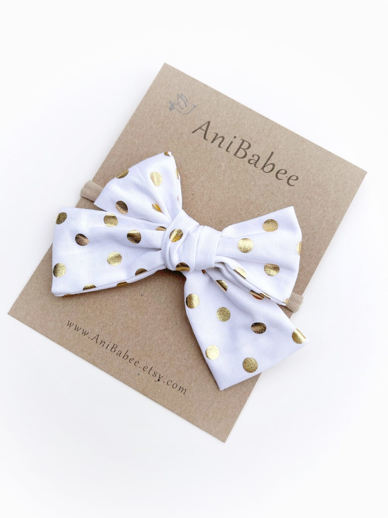 Gold Polka Dot Newborn Headband Baby Bows Hand Tied Bows Linen Hair bow Toddler Headband Hair Clips Hair Bows Baby Headband