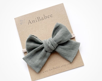 Baby Headband | Baby Bows | Hair Bows | Linen Hair bow | Hand Tied Bows | Hair Clips | Toddler Headband | Newborn Headband | Sage