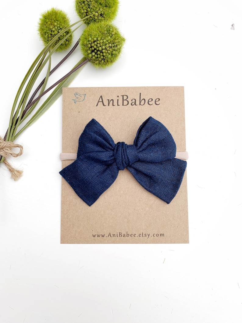 Hair Bows Hand Tied Bows Baby Bows Hair Clips Toddler Headband Baby Headband Linen Hair bow Navy Newborn Headband