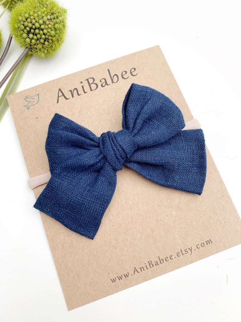 Hair Bows Hand Tied Bows Baby Bows Hair Clips Toddler Headband Baby Headband Linen Hair bow Navy Newborn Headband