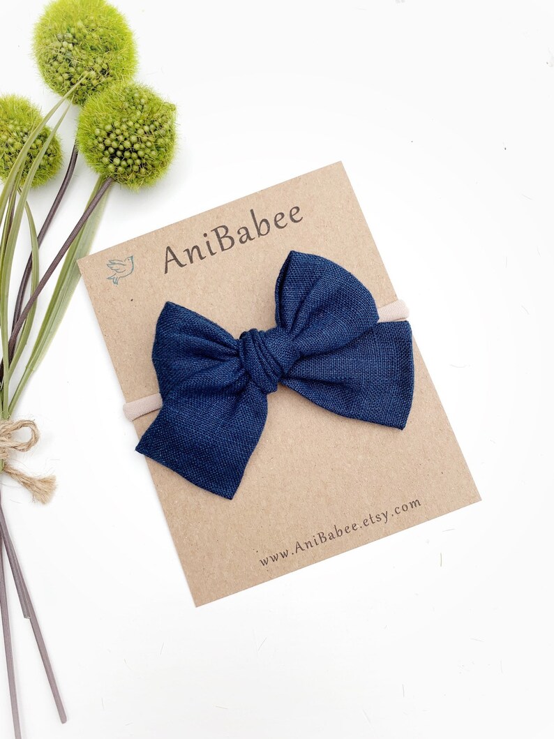 Hair Bows Hand Tied Bows Baby Bows Hair Clips Toddler Headband Baby Headband Linen Hair bow Navy Newborn Headband