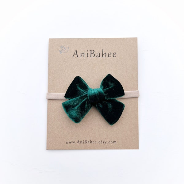 Velvet Hair Bow | Baby Christmas Headband | Green Velvet Bow | Baby Headband | Baby Girl Bow | Hair Clips | Nylon Headband | Velvet Headband