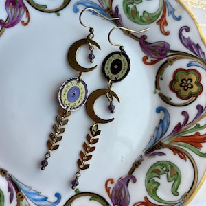 Vintage Watch Face Earrings, Purple, Gold, Brass, Moon, Steampunk, Repurposed, Upcycled, Mismatched, Clocks, Time, Cosplay, Horologist