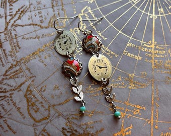 Vintage Watch Face & Tin Earrings, Art Nouveau, Red, Seafoam, Repurposed, Upcycled, Handmade, Sustainable, Steel, Time, Steampunk, Refunct