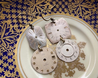 Vintage Watch Face Earrings, White, Brass, Gold, Neutral, Steampunk, Repurposed, Upcycled, Mismatched, Clocks, Time, Cosplay, Horologist