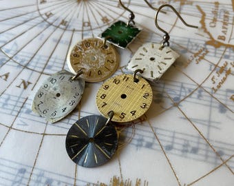 Vintage Watch Face Earrings, Green, Silver, Brass, Bespoke, Steampunk, Clock, Time, Sustainable Repurposed, Upcycled, Refunct, Mismatched