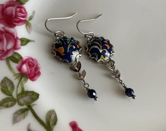 Vintage Tin Earrings, Blue, Orange, Silver, Steel, Repurposed, Upcycled, Handmade, Sustainable, Lightweight, Flowers, Floral, Refunct