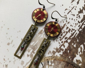 Vintage Watch Face Earrings, Red, Gold, Brass, Repurposed, Upcycled, Handmade, Sustainable, Clock, Time, Steampunk, Refunct