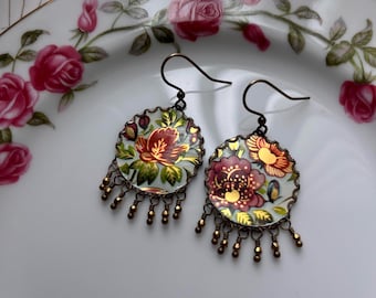 Vintage Tin Earrings, Flowers, Floral, Red, Orange, Gold, Green, Repurposed, Upcycled, Handmade, Sustainable, Hematite, Refunct