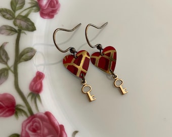 Vintage Tin Earrings, Red, Gold, Keys, Hearts, Patterns, Valentine, Repurposed, Upcycled, Handmade, Sustainable, Lightweight, Refunct