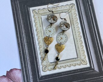 Vintage Watch Part Earrings, White, Gold, Black, Brass, Heart, Repurposed, Handmade, Upcycled, Sustainable, Time, Clock, Movement, Steampunk