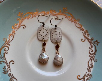 Vintage Watch Face Earrings, White, Gold, Freshwater Pearls, Steel, Repurposed, Upcycled, Handmade, Sustainable, Elegant, Horology, Refunct