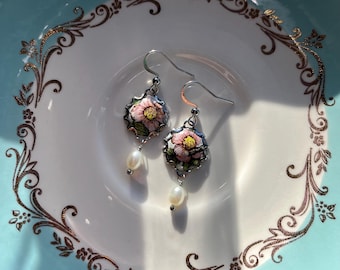 Vintage Tin Earrings, Pink Flower, White, Silver, Freshwater Pearls, Steel, Repurposed, Upcycled, Handmade, Sustainable, Light, Refunct