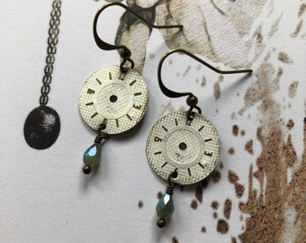 Vintage Watch Face Earrings, White, Pale Green, Teal, Brass, Repurposed, Upcycled, Handmade, Sustainable, Time, Clock, Refunct