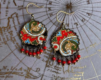 Vintage Tin Earrings, Red, Green, Blue, Brass, Art Nouveau, Repurposed, Upcycled, Handmade, Sustainable, Crystals, English Tin, Refunct