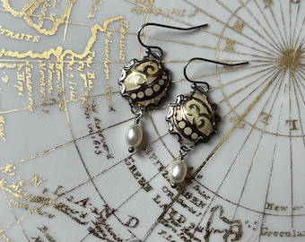 Vintage Tin Earrings, Gold, White, Silver, Freshwater Pearls, Swirls, Holiday, Repurposed, Upcycled, Handmade, Sustainable, Light, Refunct