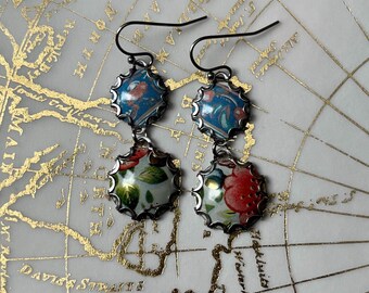Vintage Tin Earrings, Blue, White, Pink, Green, Leaves, Flowers, Stainless, Silver, Repurposed, Upcycled, Handmade, Sustainable, Refunct