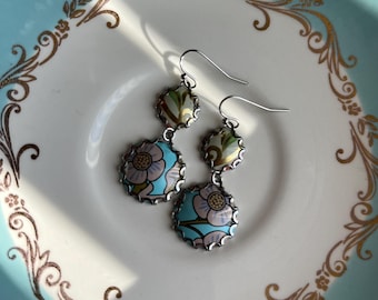 Vintage Tin Earrings, Blue, Teal, Seafoam, Flowers, Leaves, Silver, Gold, Repurposed, Upcycled, Handmade, Sustainable, Refunct