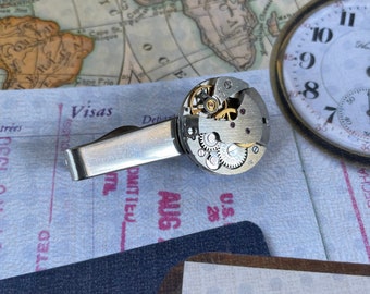 Vintage Watch Movement Tie Clip, Fathers Day, Repurposed, Upcycled, Handmade, Sustainable, Steampunk, Gift for Dad, Clock, Gears, Refunct