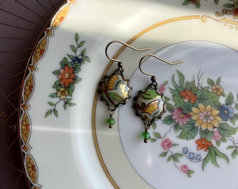 Vintage Tin Earrings, Gold, Green, Orange, Flowers, Bohemian, Brass, Repurposed, Upcycled, Handmade, Sustainable, Lightweight, Refunct