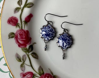 Vintage Tin Earrings, Blue, White, Silver, Repurposed, Upcycled, Handmade, Sustainable, Light, Crystals, Flowers, Delft, Floral, Refunct