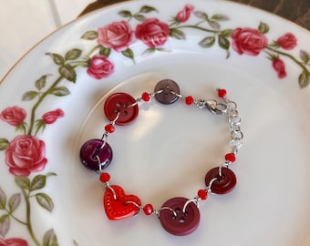Vintage Button Bracelet, Red, Purple, Repurposed, Upcycled, Handmade, Sewing, Seamstress, Quilter, Designer, Teacher, Multicolored, Refunct