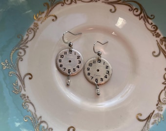 Vintage Watch Face Earrings, Silver, Steel, Crystals, Repurposed, Upcycled, Handmade, Sustainable, Steampunk, Time, Clock, Refunct
