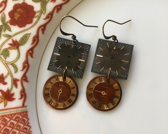 Vintage Watch Face Earrings, Brass, Bespoke, Steampunk, Shapes, Clock, Time, Roman Numerals, Sustainable, Repurposed, Upcycled, Refunct