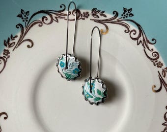 Vintage Tin Earrings, Green, Teal, Blue, Silver, Steel, Repurposed, Upcycled, Handmade, Sustainable, Lightweight, Flowers, Floral, Refunct