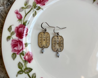 Vintage Watch Face Earrings, Steel, Silver, Pale Blue Crystals, Repurposed, Upcycled, Handmade, Sustainable, Steampunk, Numbers, Time, Clock