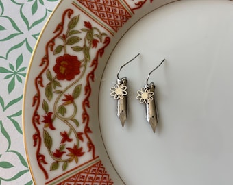 Upcycled Pen Nib Earrings, Flower, Writer, Silver, Steel, Repurposed, Handmade, Sustainable, Lightweight, Reuse, Poet, Academia