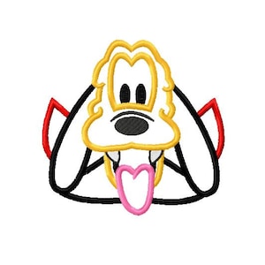 May include: A cartoon dog with yellow fur, black eyes, and a pink heart-shaped tongue sticking out. The dog is wearing a red collar and has a black outline.