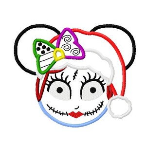May include: A cartoon character with stitched-up eyes and mouth, wearing a red and white Santa hat with a white pom-pom and a colorful bow. The character has black mouse ears.
