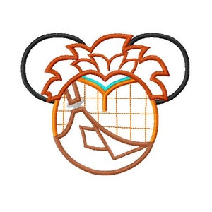 May include: A pineapple-shaped embroidery design with a brown outline and orange and yellow details. The pineapple has a green top and a brown stem. The design is in the shape of Mickey Mouse ears.