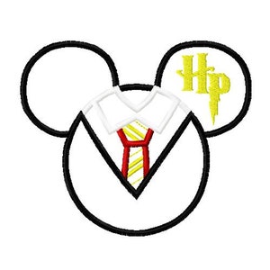 May include: Black and white outline of Mickey Mouse ears with a white shirt, red and yellow tie, and a yellow "HP" logo in one ear.