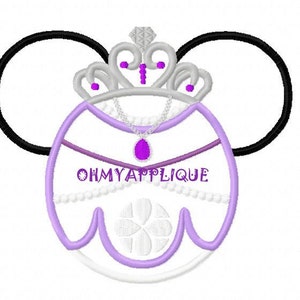 May include: Purple and white princess-themed Minnie Mouse ears with a silver crown and a purple jewel pendant.