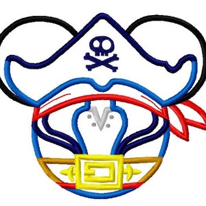 May include: A cartoon pirate mouse with a black eye patch, red bandana, and a white pirate hat with a skull and crossbones design. The mouse is wearing a blue and gold belt.