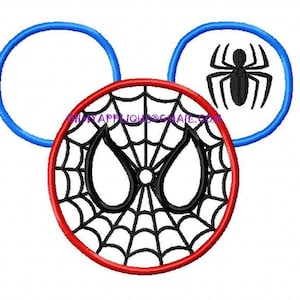May include: Red, blue, and black embroidery design of a spider web with a spider in the upper right corner. The web is in the shape of Mickey Mouse ears.