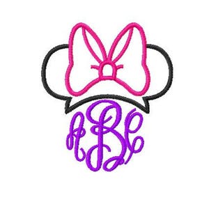 May include: Purple monogram letters "A B E" in a circle with a black outline. Above the monogram is a pink bow with white outline on top of a black and white mouse ear silhouette.