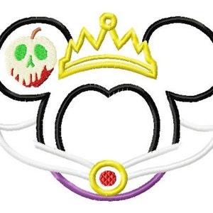 May include: Black and white outline of Mickey Mouse ears with a yellow crown and a green and red poisoned apple on the left ear. The ears are outlined in white and have a purple and gold band at the bottom.