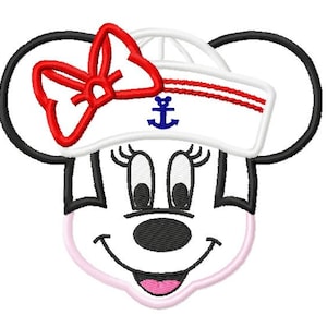 May include: A white and red sailor hat with a blue anchor on a cartoon mouse face with black ears and a red bow.