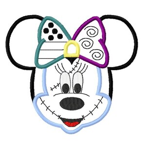 May include: A black and white cartoon image of a stitched up Minnie Mouse with a multi-colored bow. The bow is made up of purple, teal, yellow, and white fabric.