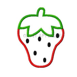 May include: A red and green cartoon strawberry with black seeds. The strawberry is outlined in black.