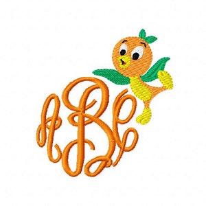 May include: Orange bird character with green leaves and a yellow beak, embroidered in a circle with the letters "A B" in orange.