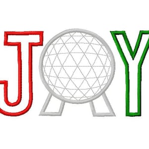 Könnte beinhalten: Rote und grüne Buchstaben, die "JOY" buchstabieren, mit einem weißen Spaceship Earth-Symbol in der Mitte.