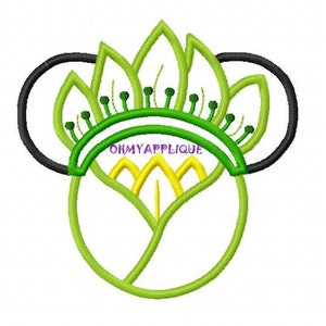 May include: Green and yellow flower embroidery design with black Mickey Mouse ears. The design includes the text "OHMYAPPLIQUE".