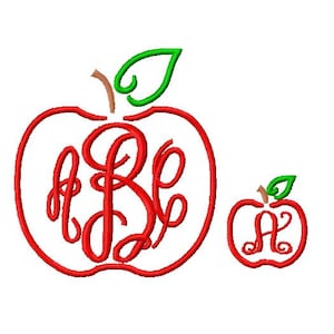 May include: Two red apple outlines with green leaves. The larger apple has the letters "A B C" inside. The smaller apple has the letter "A" inside.