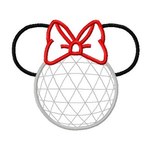 May include: A black and white outline of Mickey Mouse ears with a red bow on top. The ears are round and the bow is tied in a knot.